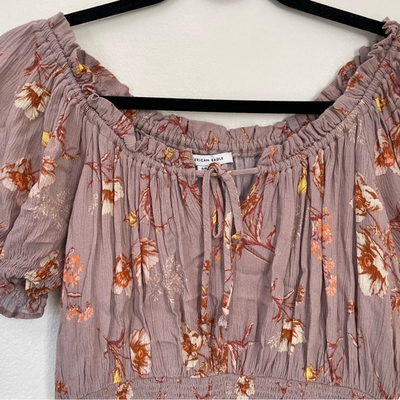 American Eagle | Purple Floral Smocked Cropped Shoulder Blouse | Size Small - Picture 6 of 11
